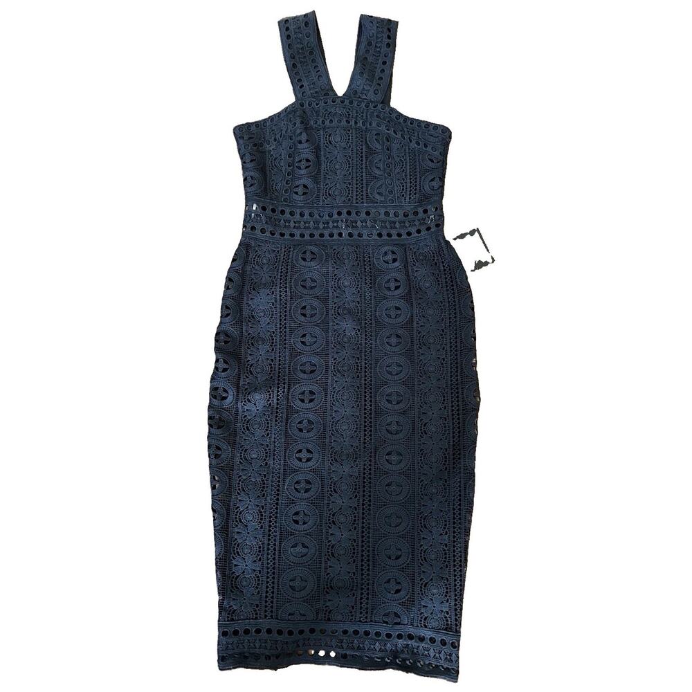 Lulus Navy Blue Crochet Halter Midi Dress Small Lace Cutout Zip Slimming Elegant - Picture 13 of 14